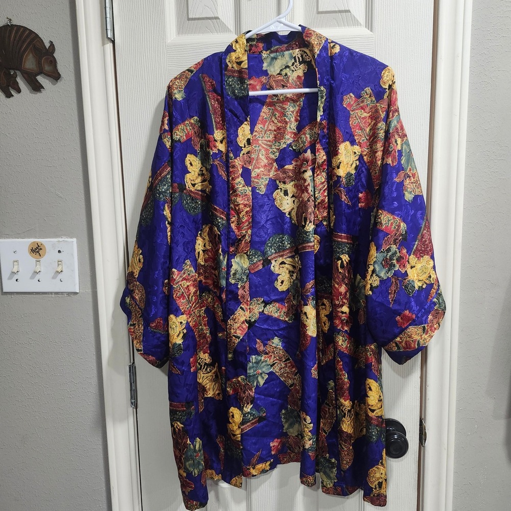 Vintage Val Mode Lingerie Blue Satin Jacquard Floral Kimono Robe Womens Medium